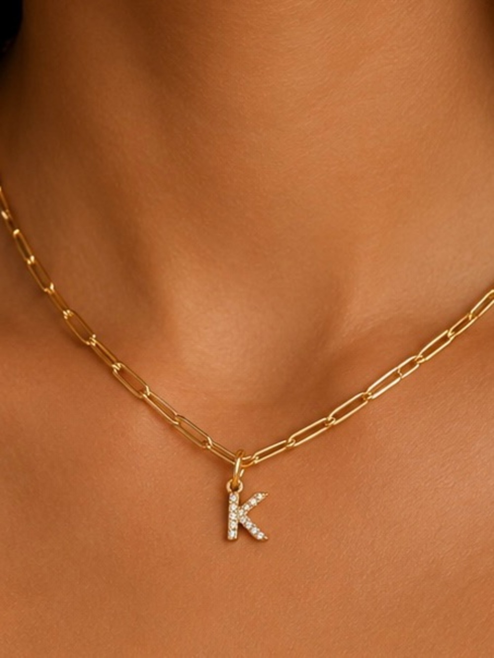 Gold Initial “K” Pendant 16” Necklace with Crystal Accents on paperclip chain